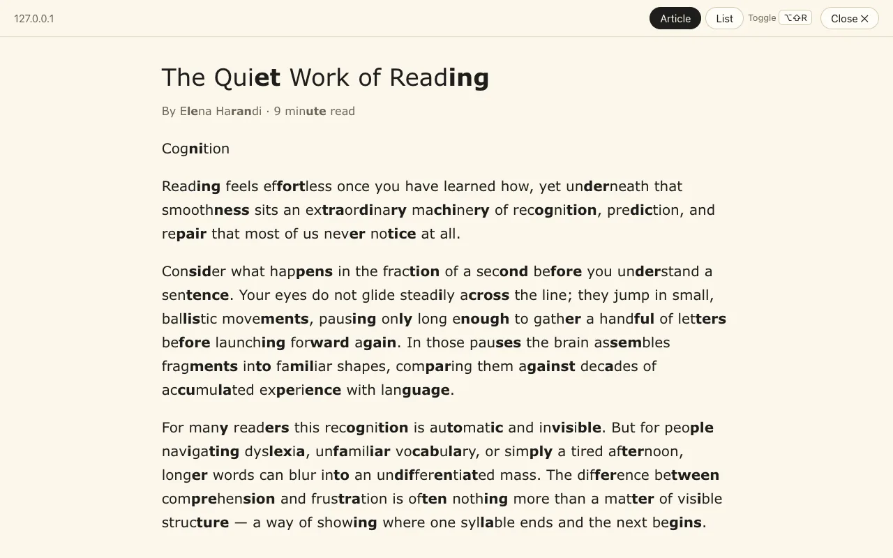 The reader view: just the article in one calm column, with syllable marking