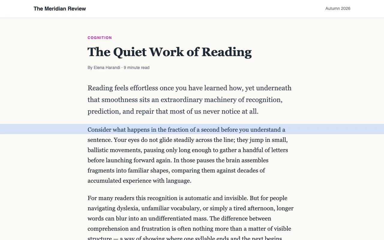 An article with a blue reading ruler across one line