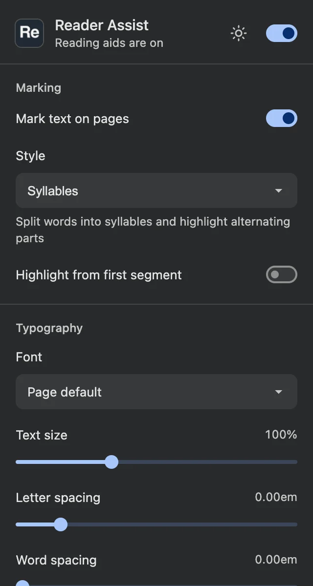 Reader Assist’s settings in the dark theme