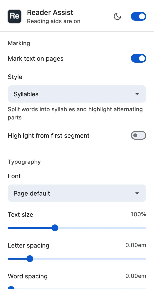Reader Assist’s settings in the light theme